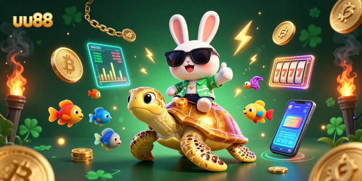 Experience thrilling gaming action at uu88 with a lucky rabbit riding a golden turtle amidst vibrant casino elements.