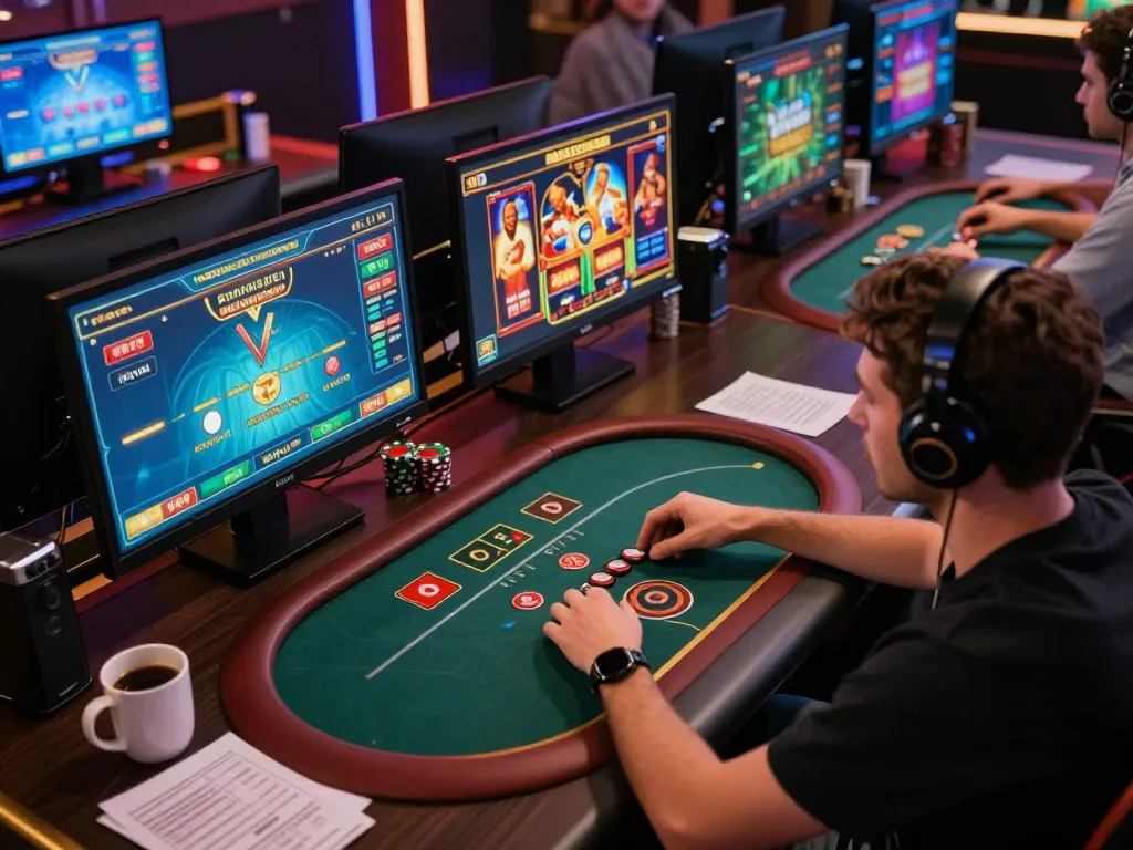 Engaged vvvwin player analyzing strategies in dynamic online casino gaming setup.