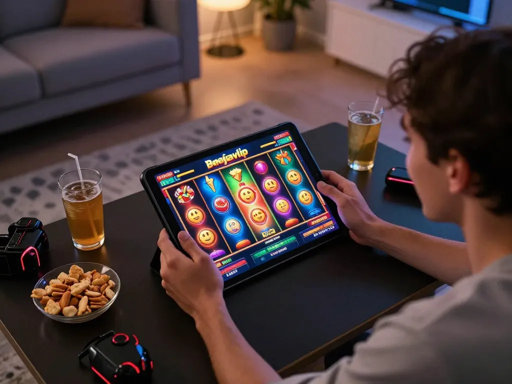 Pemain menikmati permainan slot mejavip online di tablet dengan antarmuka yang berwarna-warni di ruang tamu yang nyaman