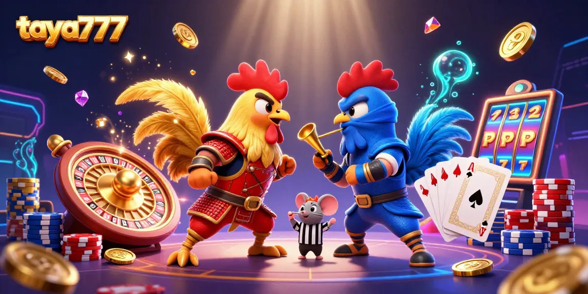 Engage with taya777's vibrant gaming scene featuring dynamic roosters and exciting casino elements.