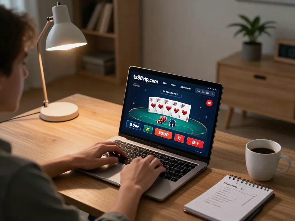 Engaged user playing poker on tx88vip.com in a cozy home setup, showcasing responsible gaming.