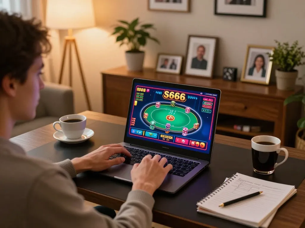 S666 online casino gaming experience featuring a player engaged in a poker game from a cozy home setup