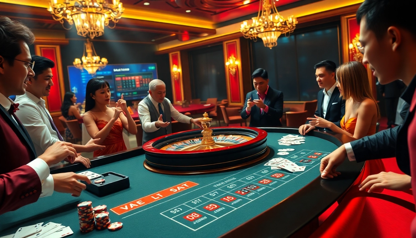 Gambling enthusiasts celebrate a winning moment at a luxurious casino table while enjoying experience with vào lưới.
