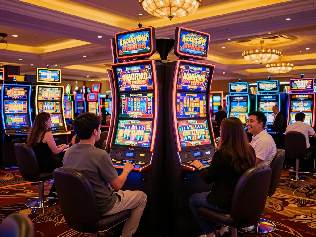 Players celebrating wins on Lucky88 slot machines in a vibrant casino atmosphere.