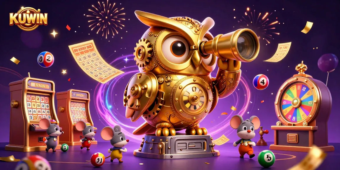 Join the exciting world of KUWIN with this vibrant casino-themed illustration featuring an owl and lottery elements.