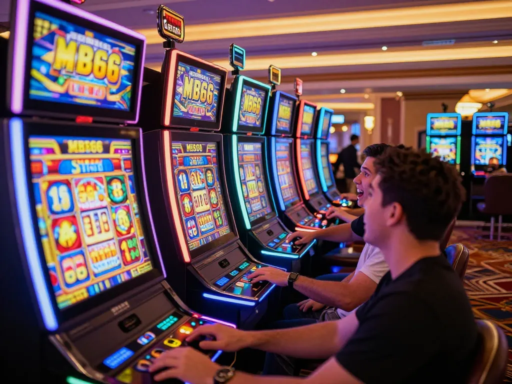 Players engaging with vibrant slot machines at MB66 casino, showcasing exciting gameplay and colorful animations.
