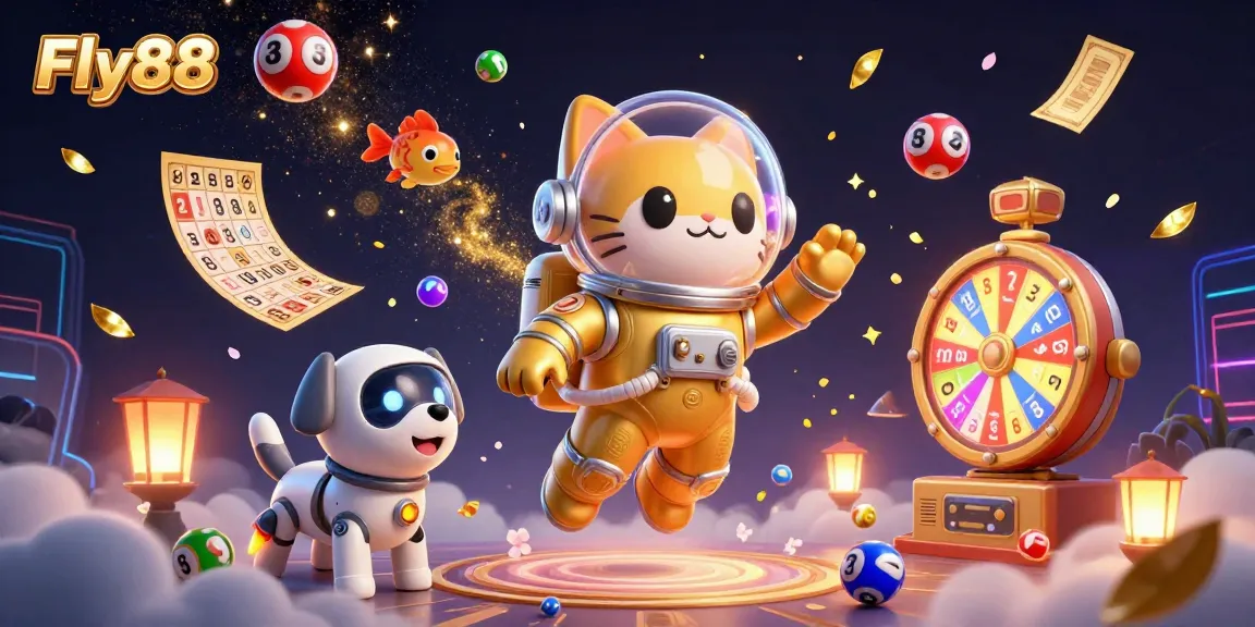 Experience interactive gaming excitement at Fly88 with vibrant elements like lottery balls and a prize wheel.