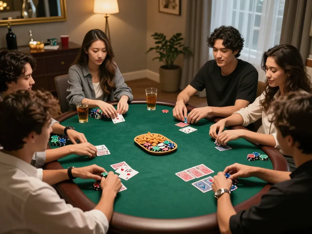TA88 players enjoying a lively poker game with friends at a cozy home setting, showcasing engagement and fun.