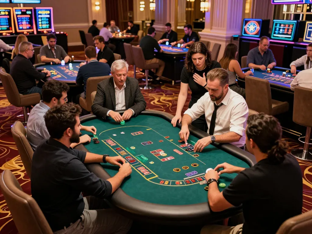 Players enjoying high-stakes gameplay at da88 casino, surrounded by vibrant lights and exhilarating atmosphere
