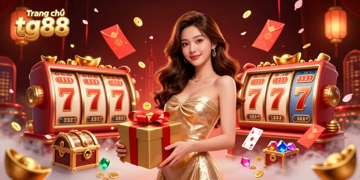 Engage in the excitement of Trang chủ tg88 with a stunning illustration featuring a beautiful woman celebrating casino wins amidst floating coins and festive décor.
