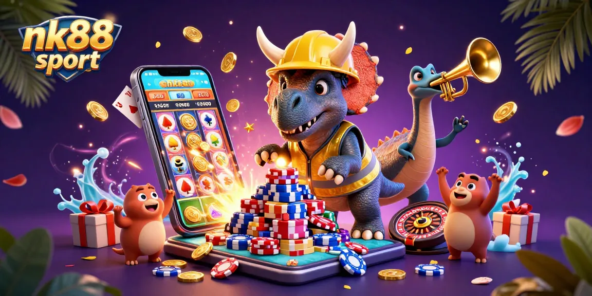 Engage with the vibrant gaming world of nk88sport as a triceratops builds a poker chip pyramid amidst a lively casino scene.