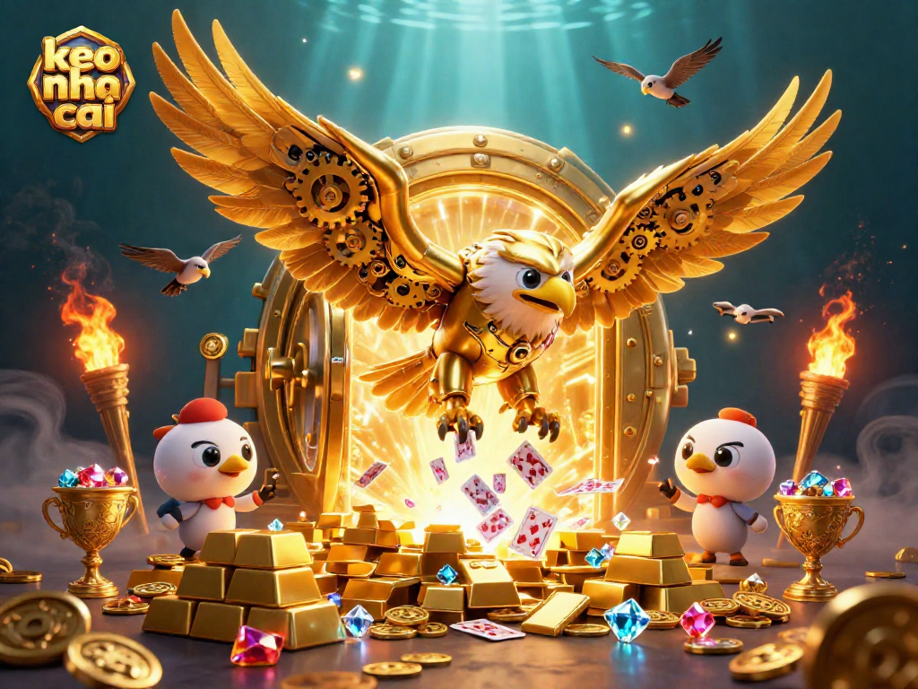 Engage in exciting gameplay with "keo nha cai" through a dynamic 3D casino scene featuring golden treasures.