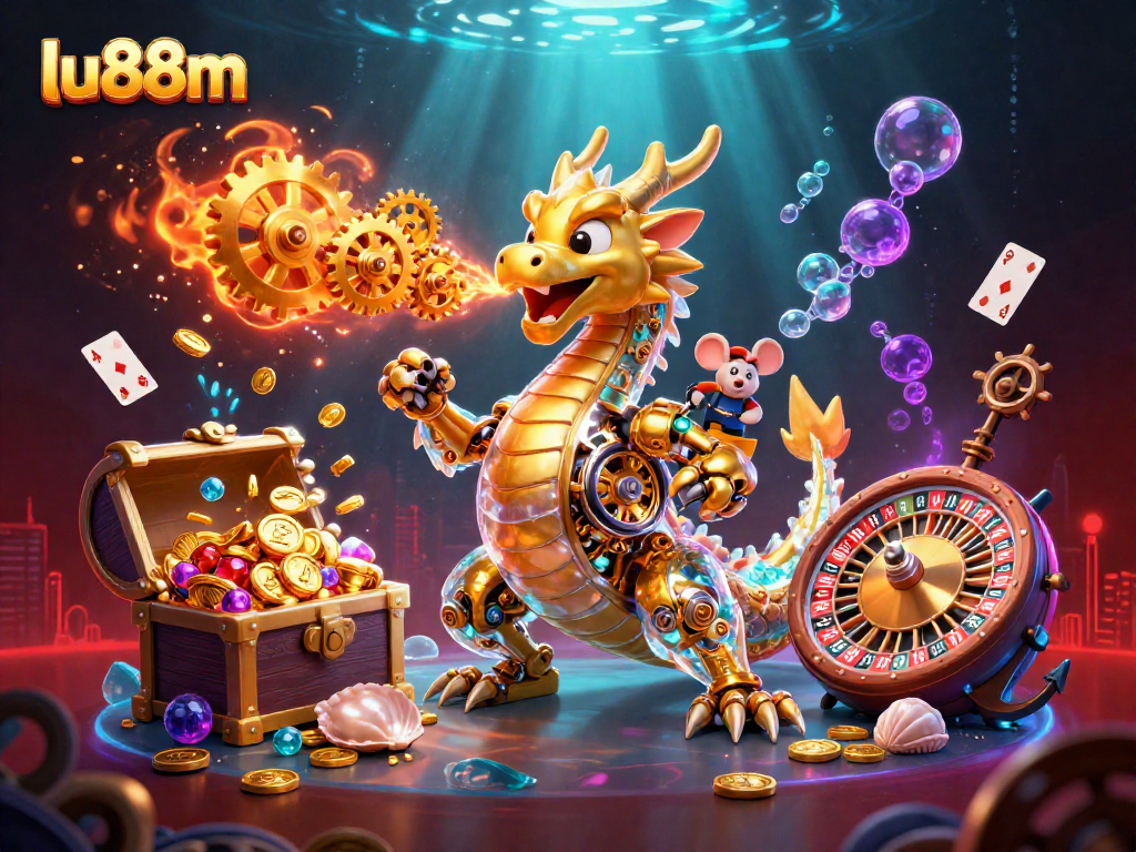 Generate excitement with lu88m, featuring a golden dragon amongst casino elements like roulette and treasure.