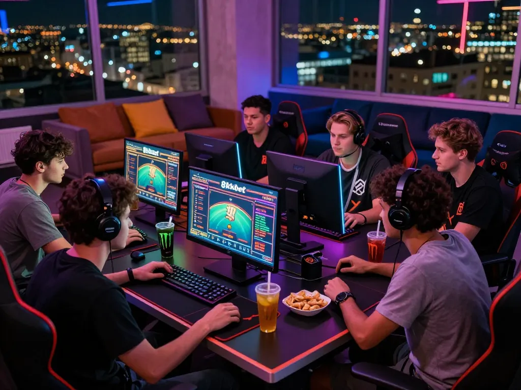 Friends enjoying an exhilarating 8kbet gaming session in a lively urban setting, showcasing competitive online betting.
