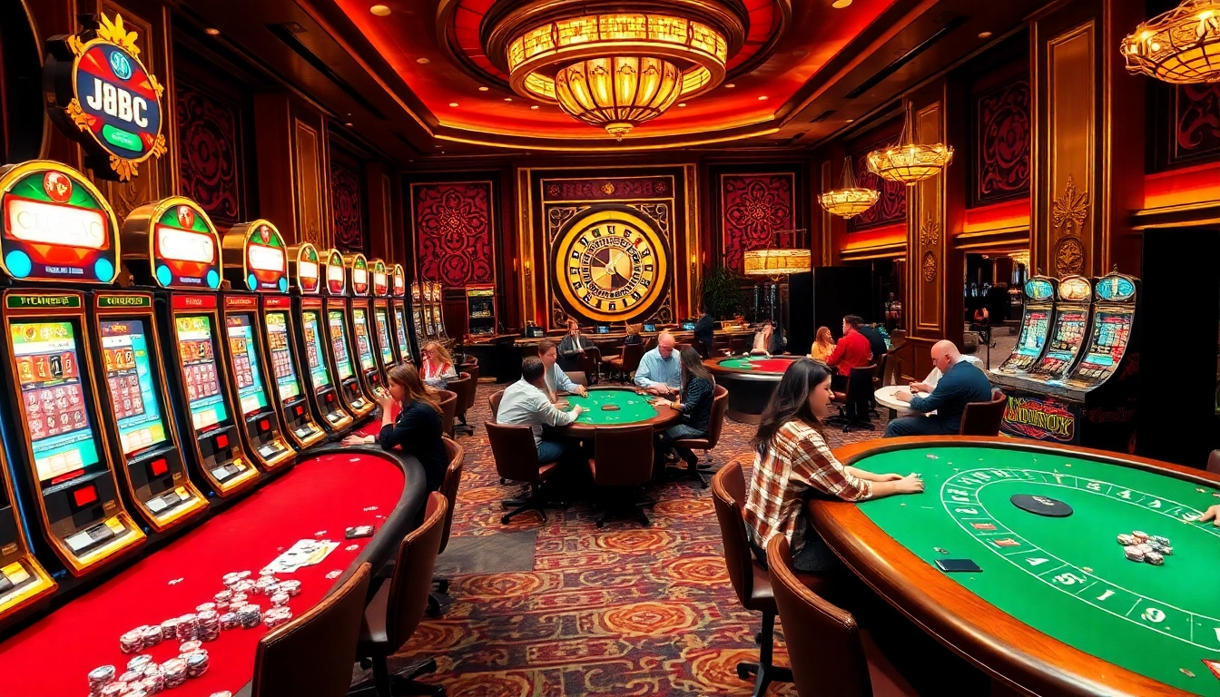 JBO casino gaming excitement with colorful tables, chips, and players
