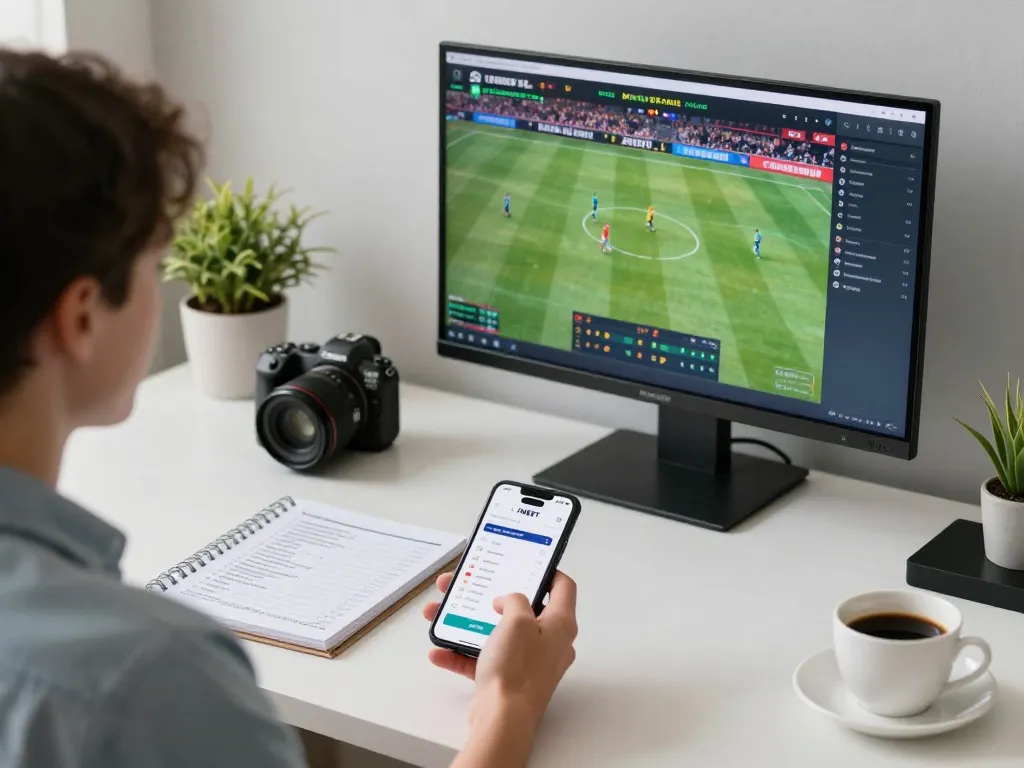 Engaging scene of a bettor using FABET app on smartphone while analyzing live sports events