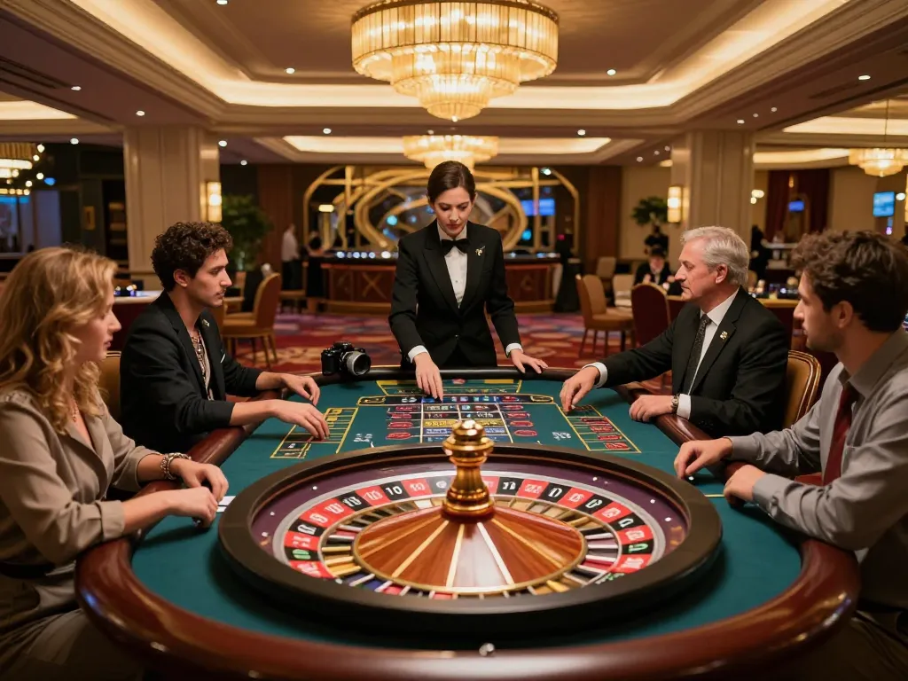 Experience the thrilling atmosphere of vu88a at a luxury casino roulette table with players engaged in high-stakes action.