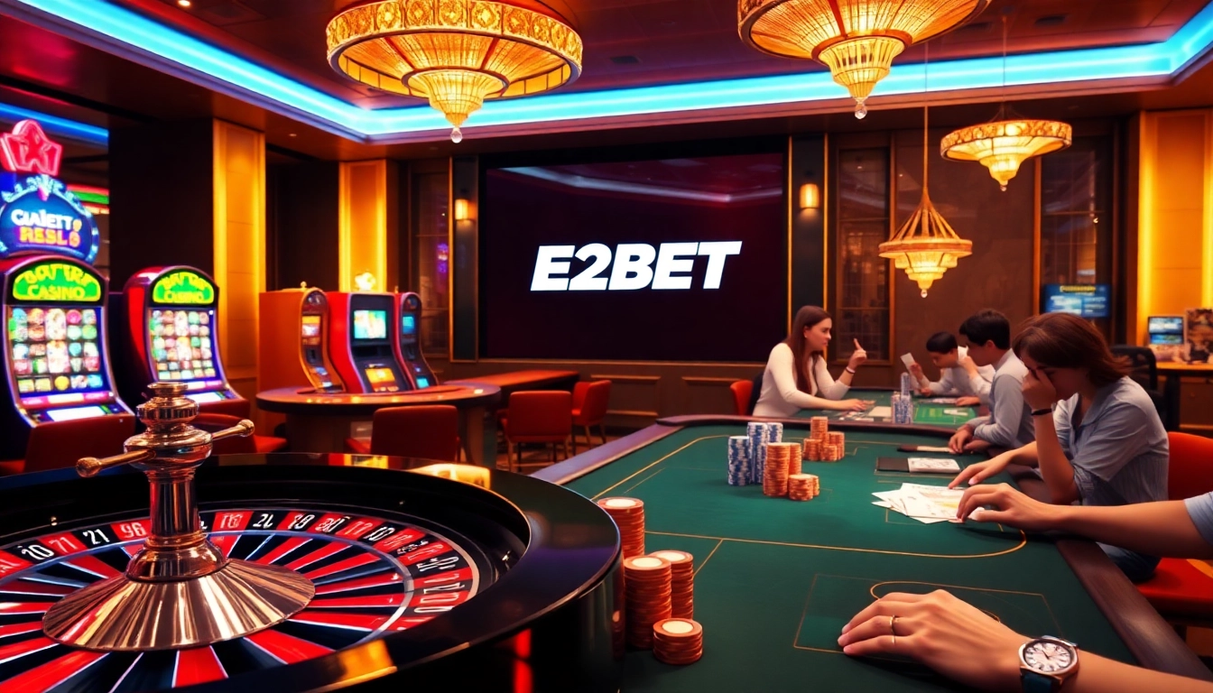 E2BET logo displayed in a vibrant online casino scene with roulette and poker tables.
