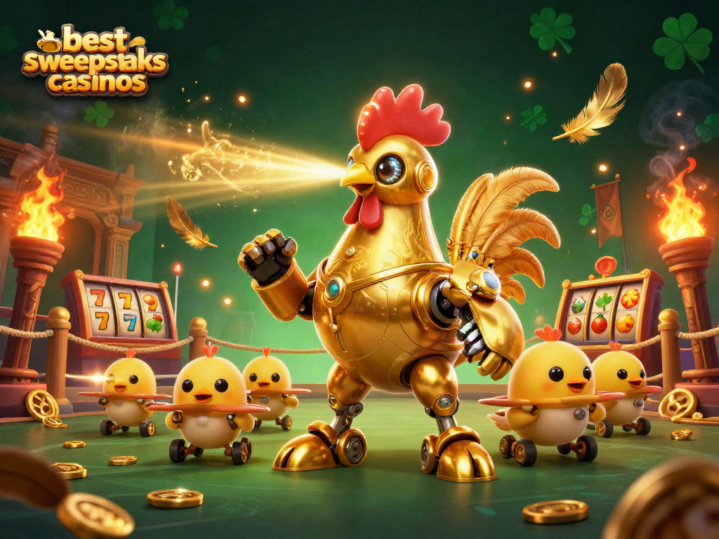 Engage with the best sweepstakes casinos illustrated by a golden rooster robot and baby chick drones in a dynamic casino scene.