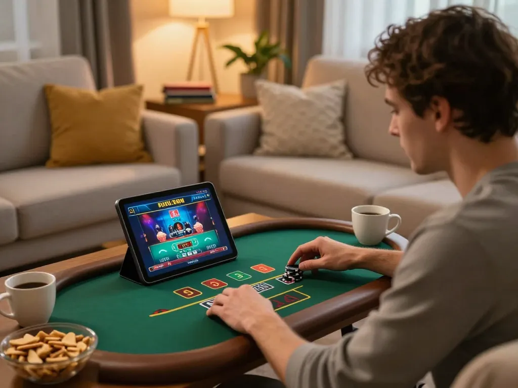 cm88 player engaging with live dealer games on a tablet, showcasing an exciting online gambling experience.