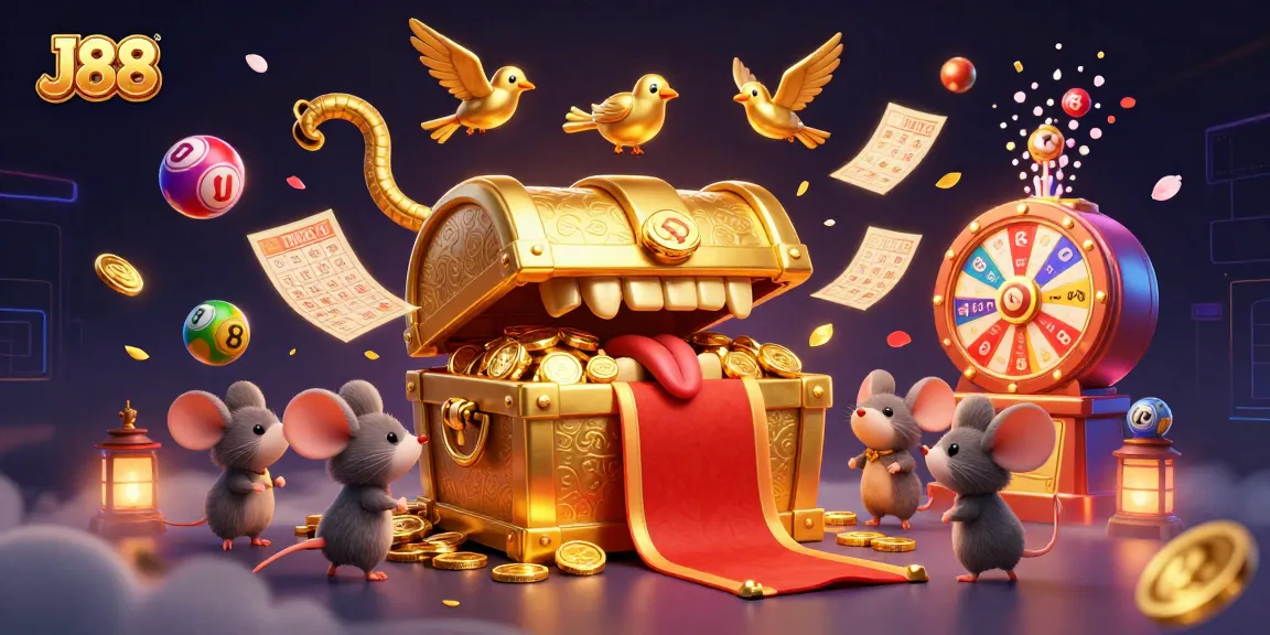 Engage with J88's vibrant gaming scene filled with dynamic elements like lottery balls and golden treasures.