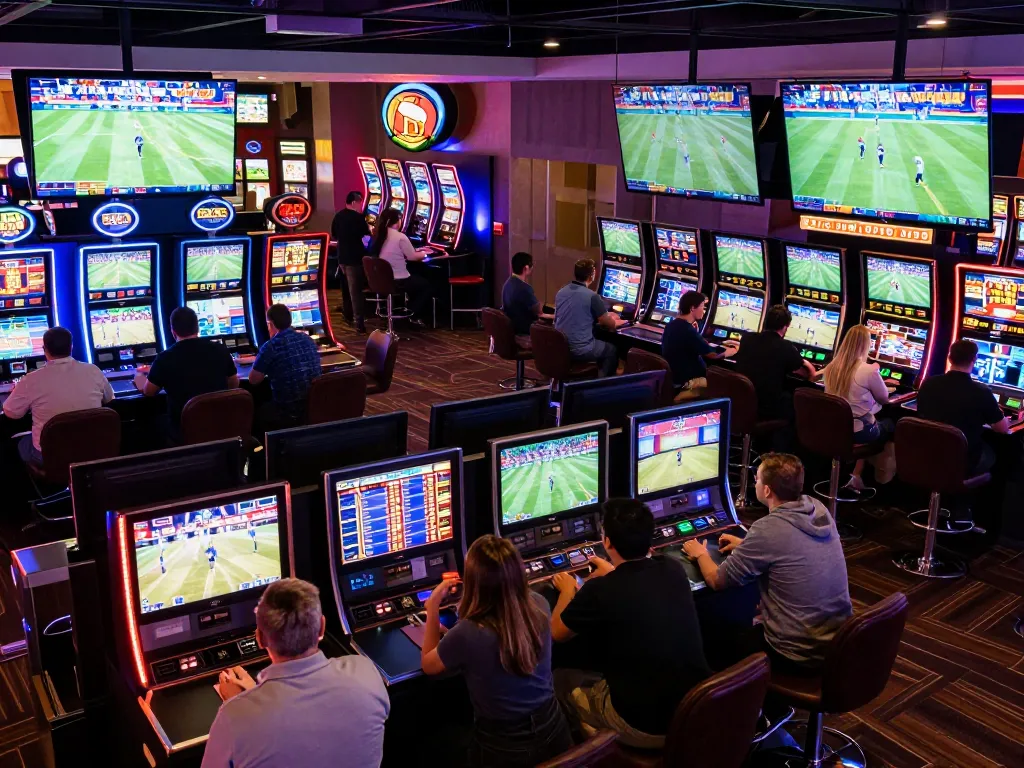 Engaged bettors using DEBET at a busy sports betting lounge with live event screens.