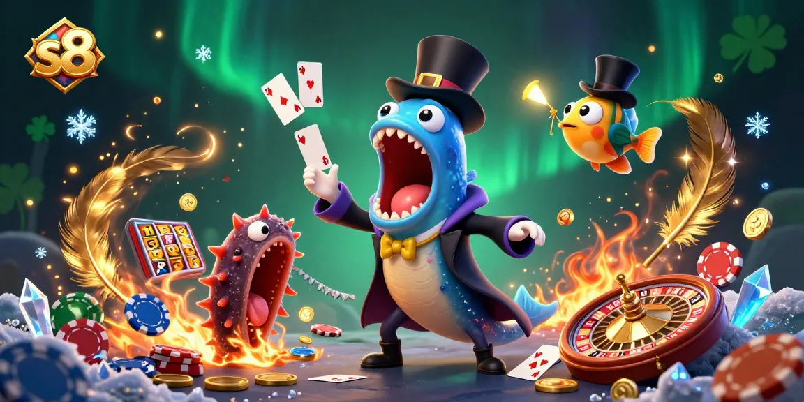 s8 online gaming experience illustrated with a cartoon bioluminescent eel performing tricks in a casino scene