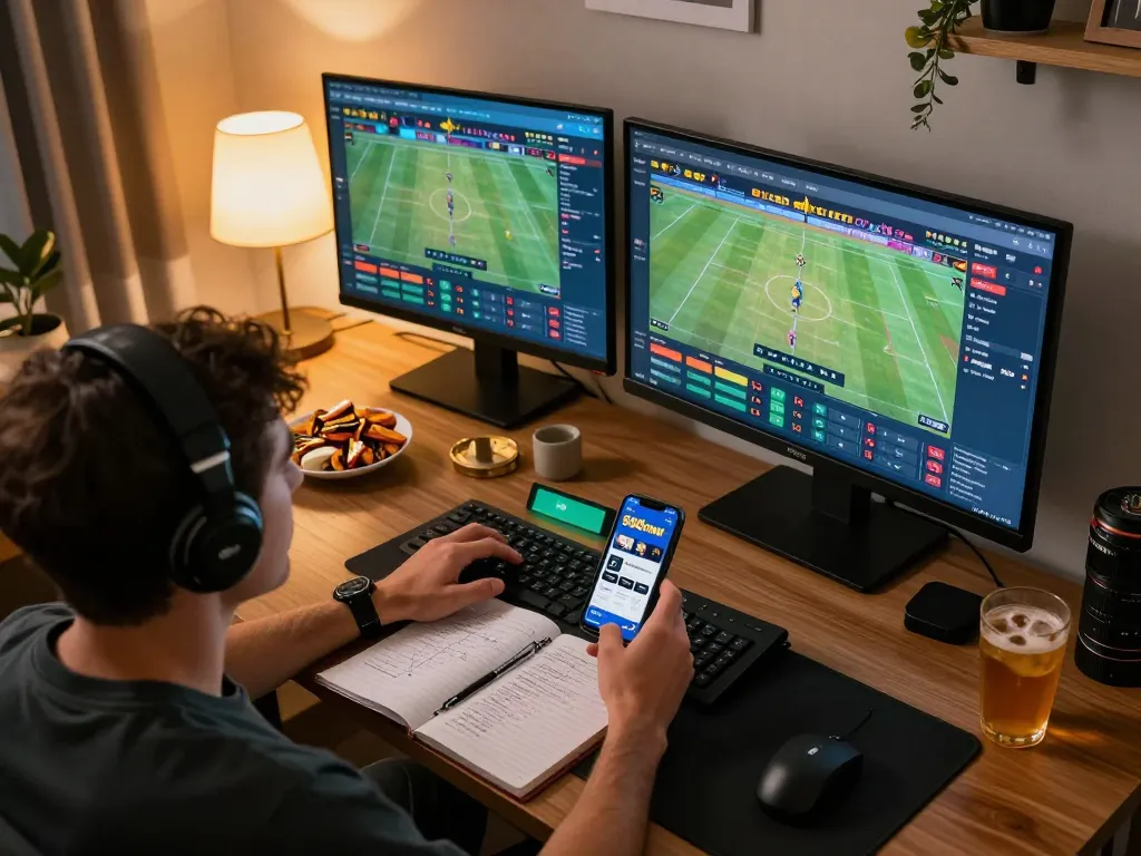 Engaged player using the 888now app on multiple screens for sports betting