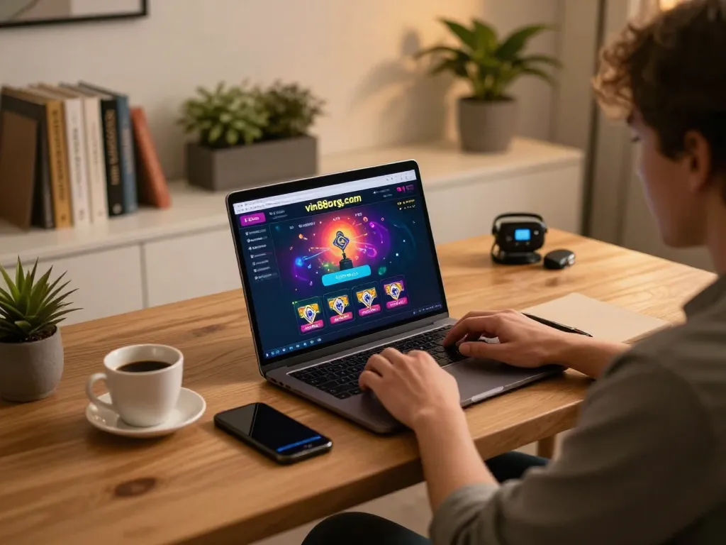 Engaging with the vin88org.com platform through a stylish modern gaming setup, highlighting responsible online gambling.