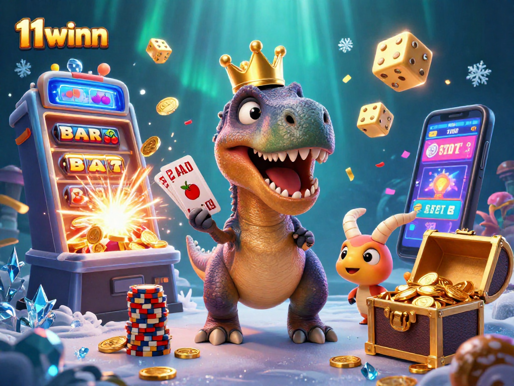 Experience thrilling wins at 11winn, where friendly T-Rex shuffles cards amidst slots and exciting casino elements.