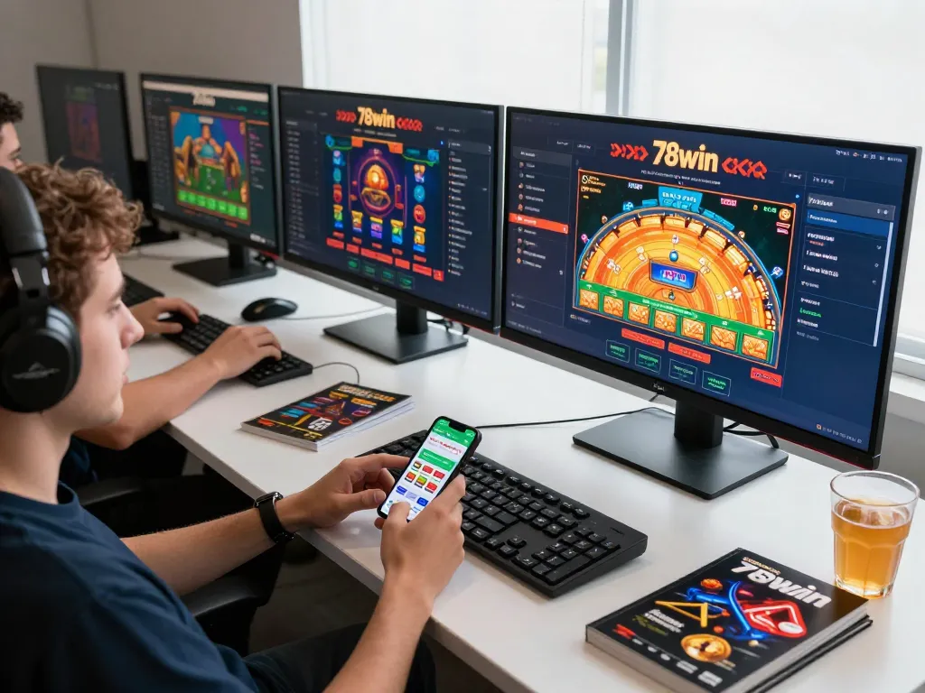 Players engage in online casino games on 78win platform, showcasing vibrant screens and strategic interactions