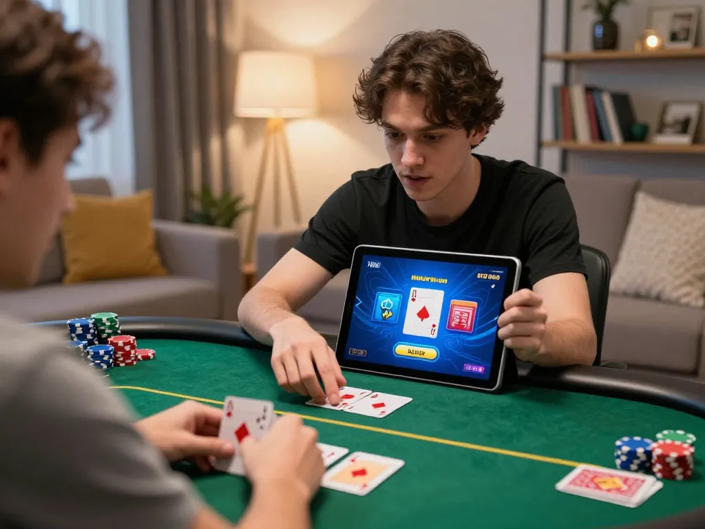 Engaged player immersed in poker game on 789win.com, showcasing vibrant mobile gambling experience.
