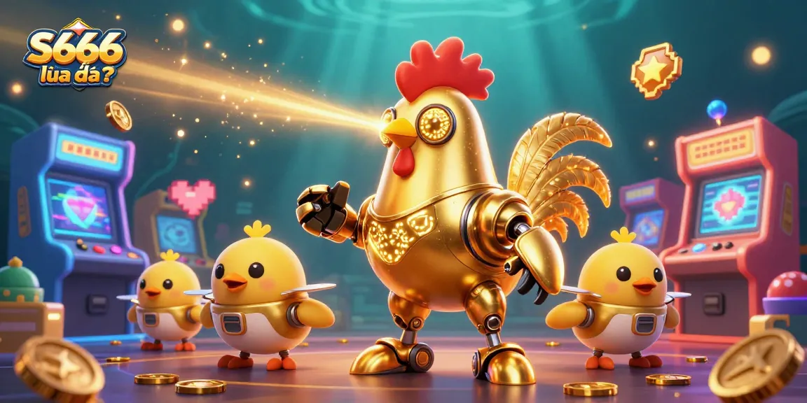 S666 lừa đảo? Engage with thrilling gaming action featuring a golden rooster robot and arcade machines.