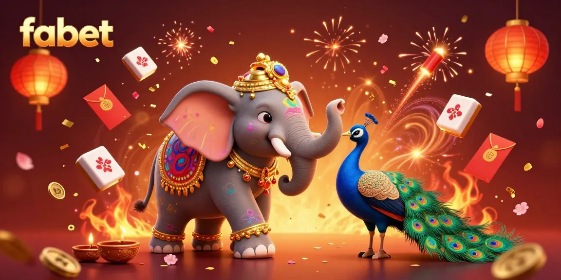 Experience exciting gameplay with fabet in this vibrant 3D illustration featuring a festive elephant and peacock amidst casino elements.