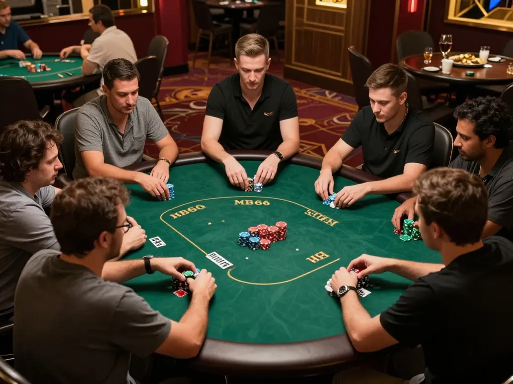MB66 poker game in action, players strategizing over chips and cards in luxurious setting