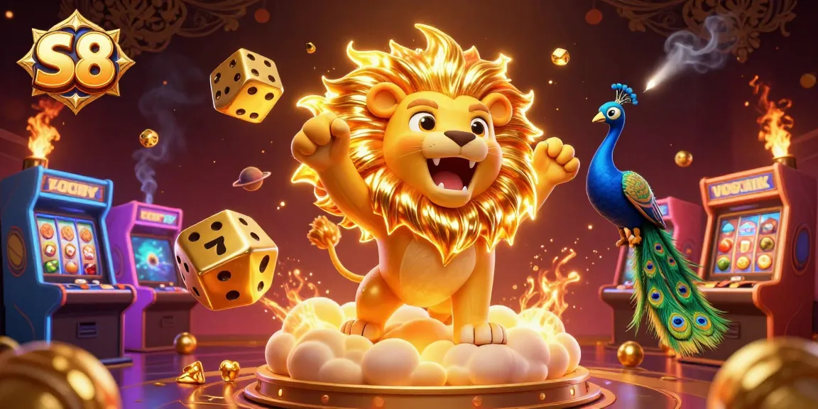 S8 slot game scene displaying vibrant characters, golden dice, and dynamic gaming elements.