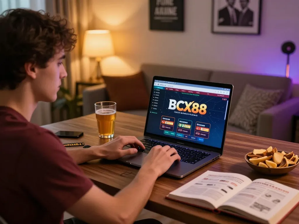 BCX88 user engaged in strategic online gaming at home, showcasing a dynamic gambling setup.