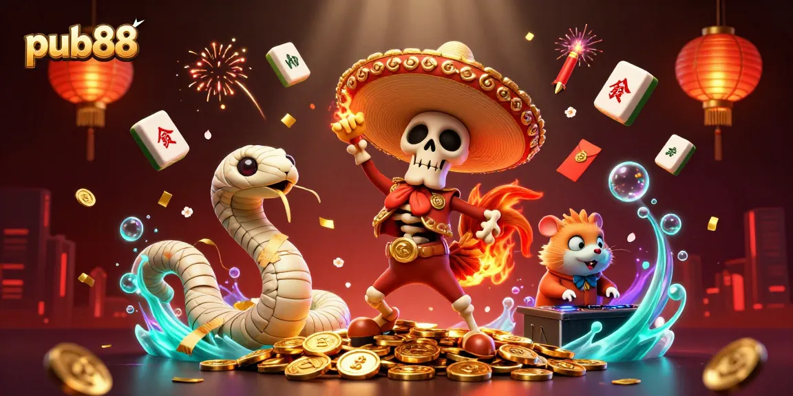 Win big at pub88 with vibrant 3D characters celebrating on a mound of coins.