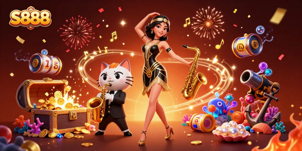 S888 captivates players with its vibrant casino scene filled with colorful slot reels and festive energy.