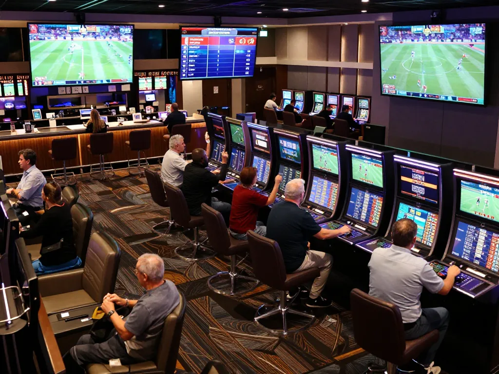Patrons placing bets in vibrant sports betting lounge showcasing ty le keo nha cai excitement during live events.