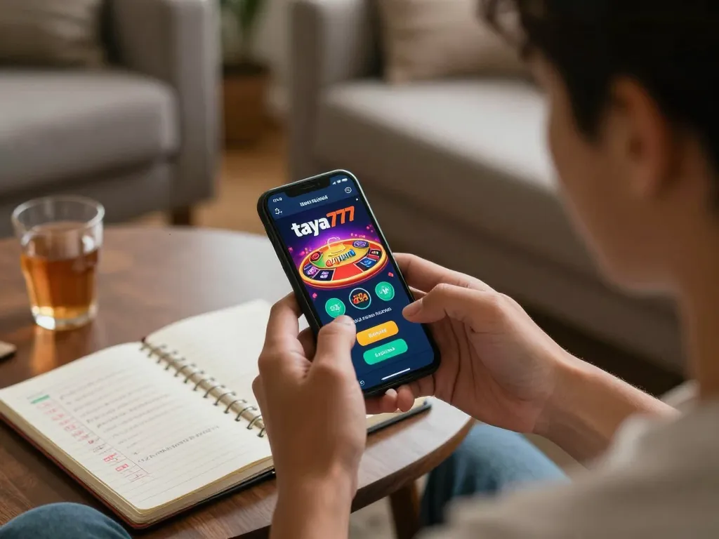 TAYA777 link accessed on smartphone shows engaging casino game interface in a cozy home setting.