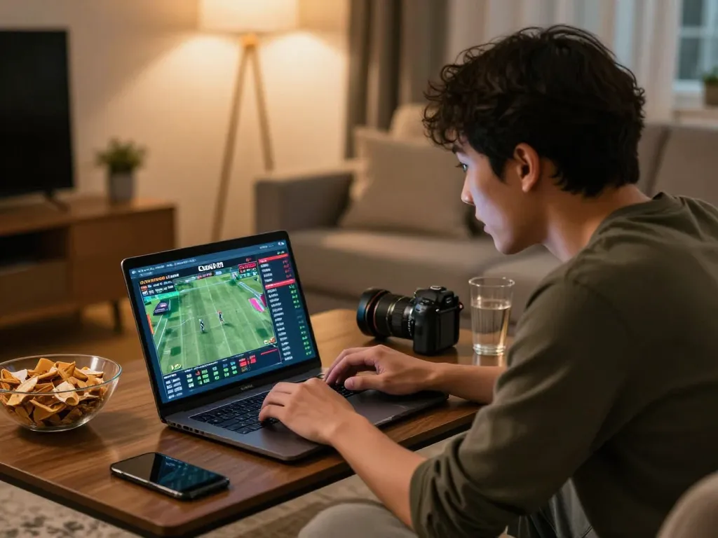 Person engaged in online sports betting at home, focusing on nhà cái fly88 for live odds.