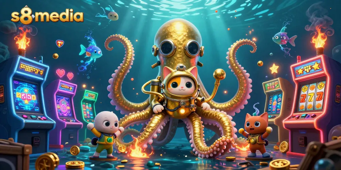 Experience the thrill at s8media with an animated kraken and diving cat in a vibrant casino setting.