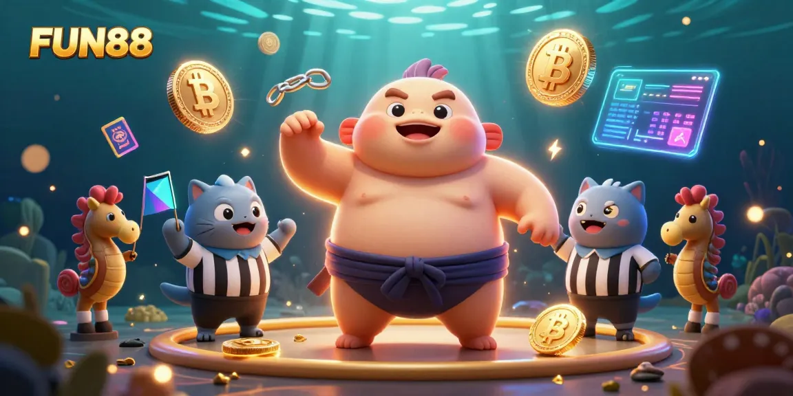 Join the FUN88 excitement with engaging underwater casino illustration featuring vibrant characters and crypto elements.