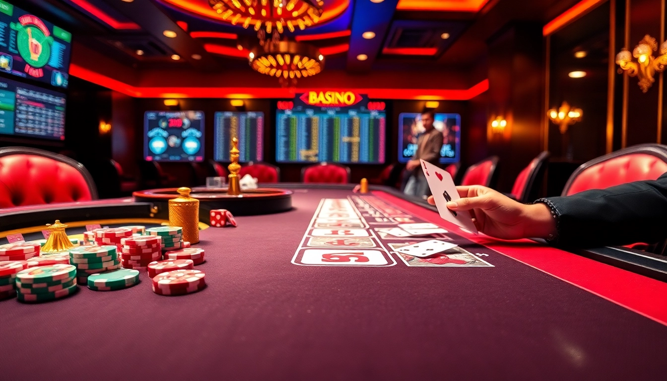Players enjoy high-stakes games at KJC casino with vibrant chips and elegant roulette wheels.