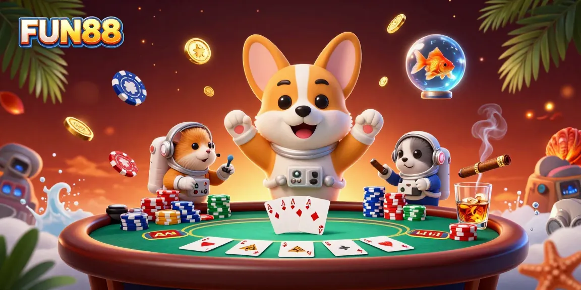 Experience the excitement of FUN88 with a playful corgi in a cosmic casino setting.