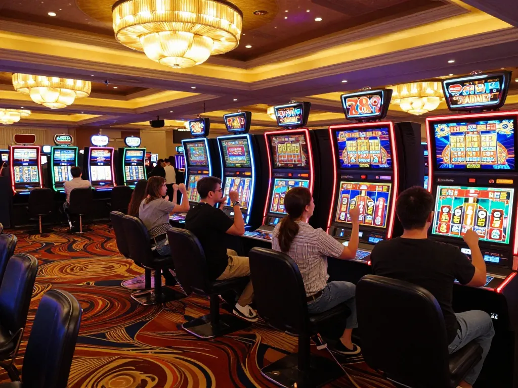 Players winning at colorful slot machines in an exciting 789f casino atmosphere