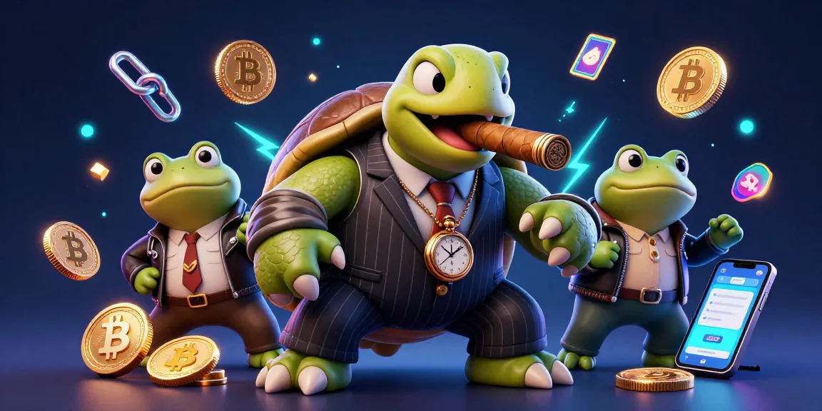 Engage with 01s8 in a vivid 3D casino scene featuring a snapping turtle and bullfrog enforcers.