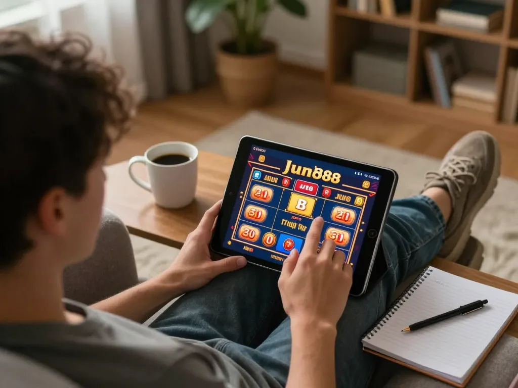 Player engaging with the jun88 casino app, enjoying slots on a cozy sofa.