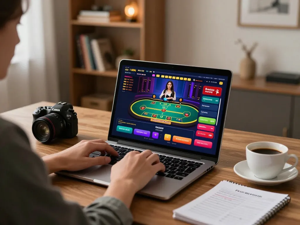 Player engaging in online casino with 5679 strategy notes in modern home office